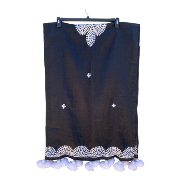 Black & White Embroidered Linen Blend Wrap/Shawl with Fringe Pom Pom's - Picture 4 of 12